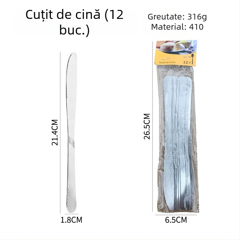 Set tacâmuri din oțel inoxidabil pentru casă și hotel – cuțit pentru steak, furculiță și linguri (ceai, cafea și desert)
