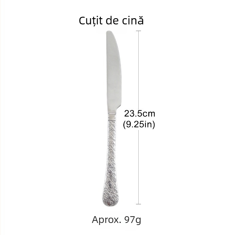 Set tacâmuri din oțel inoxidabil 304, textură ciocănită și model fulgi de zăpadă – cuțit, furculiță, lingură