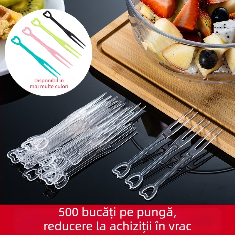 Furculițe de fructe din plastic, de unică folosință, ambalate individual, cu design transparent în formă de inimă