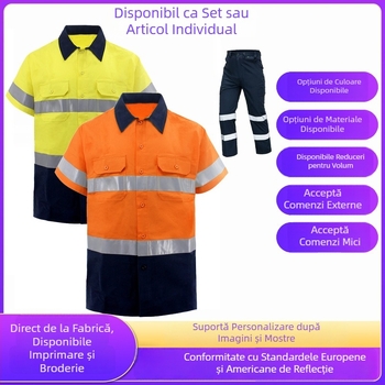 Cămașă de muncă cu mânecă scurtă, dungi reflectorizante, pentru muncitori în construcții și salubritate, la comandă