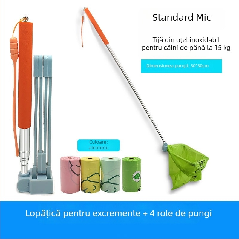 Lopată extensibilă pentru colectarea deșeurilor canine în timpul plimbărilor, cu suport pentru pungi