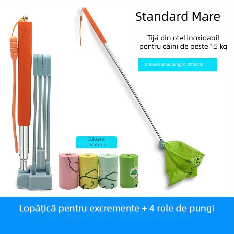 Lopată extensibilă pentru colectarea deșeurilor canine în timpul plimbărilor, cu suport pentru pungi