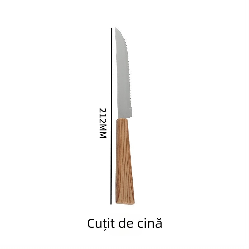 Set de tacâmuri din oțel inoxidabil, cu mânere din lemn imitatie, pentru uz casnic, stil vintage: cuțit pentru friptură, furci și linguri de desert