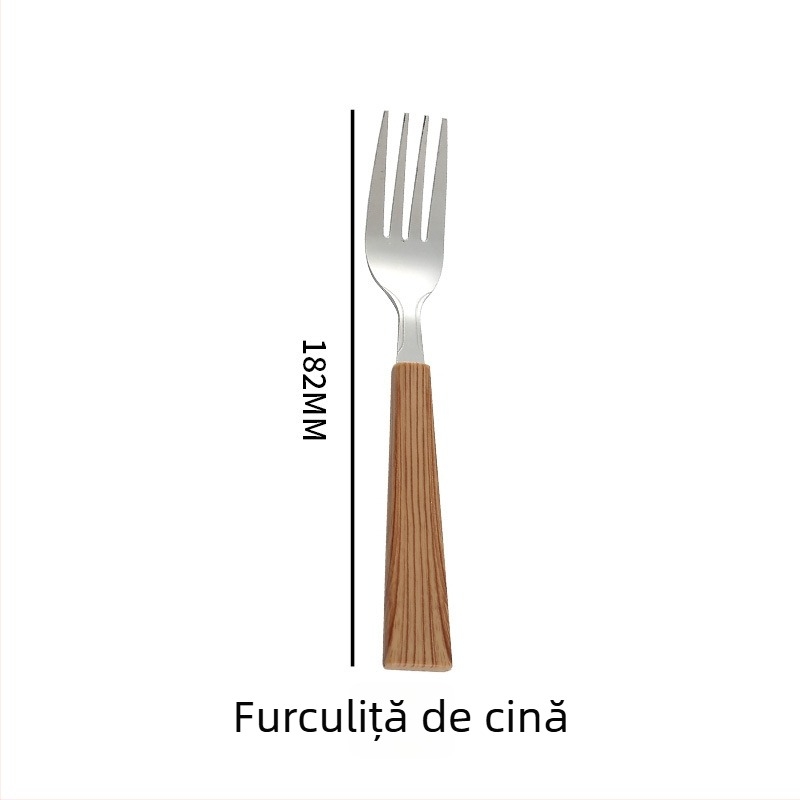 Set de tacâmuri din oțel inoxidabil, cu mânere din lemn imitatie, pentru uz casnic, stil vintage: cuțit pentru friptură, furci și linguri de desert