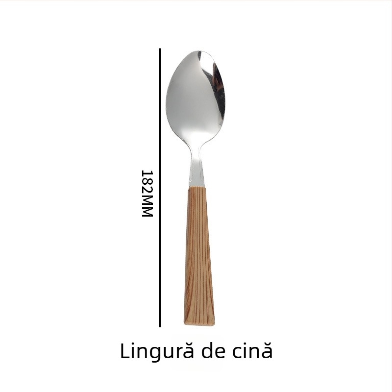Set de tacâmuri din oțel inoxidabil, cu mânere din lemn imitatie, pentru uz casnic, stil vintage: cuțit pentru friptură, furci și linguri de desert