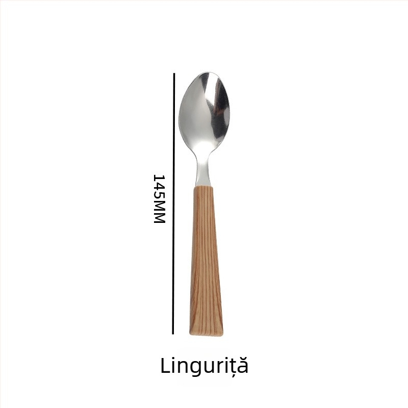 Set de tacâmuri din oțel inoxidabil, cu mânere din lemn imitatie, pentru uz casnic, stil vintage: cuțit pentru friptură, furci și linguri de desert