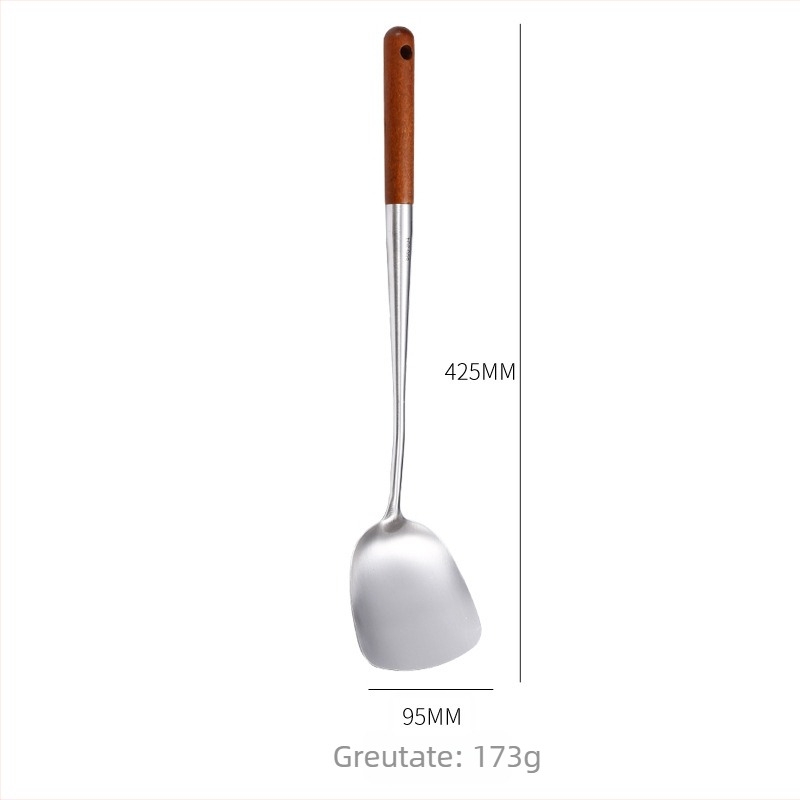 Set din oțel inoxidabil pentru prăjit, cu lingură de prăjit și spatulă, mânere din lemn rosewood