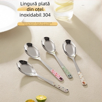 Lingură din oțel inoxidabil 304, de calitate alimentară, pentru copii, cu bază plată pentru masă, pentru mâncare și supă