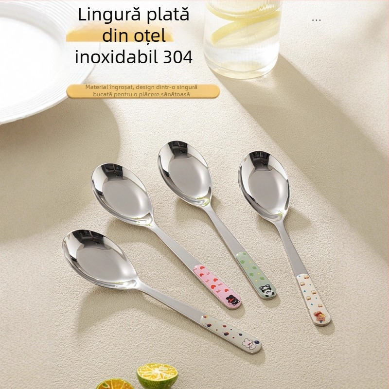 Lingură din oțel inoxidabil 304, de calitate alimentară, pentru copii, cu bază plată pentru masă, pentru mâncare și supă