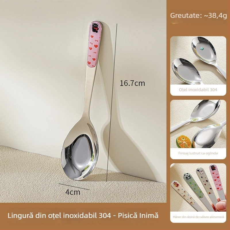 Lingură din oțel inoxidabil 304, de calitate alimentară, pentru copii, cu bază plată pentru masă, pentru mâncare și supă