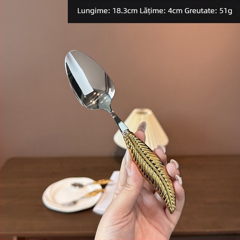 Set tacâmuri din oțel inoxidabil 304, mâner ceramic în formă de penă, cuțit, furculiță, lingură și lingură de supă rotundă