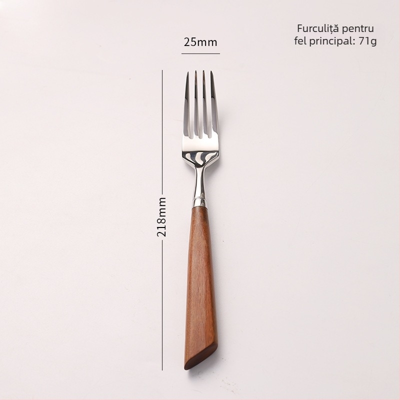 Set de tacâmuri din oțel inoxidabil 304, seria Tang Dynasty – cuțit pentru friptură, furculiță, lingură și linguriță de desert, cu mâner din lemn roșu
