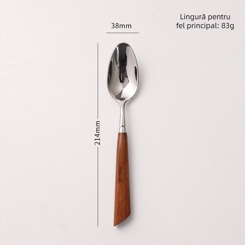 Set de tacâmuri din oțel inoxidabil 304, seria Tang Dynasty – cuțit pentru friptură, furculiță, lingură și linguriță de desert, cu mâner din lemn roșu