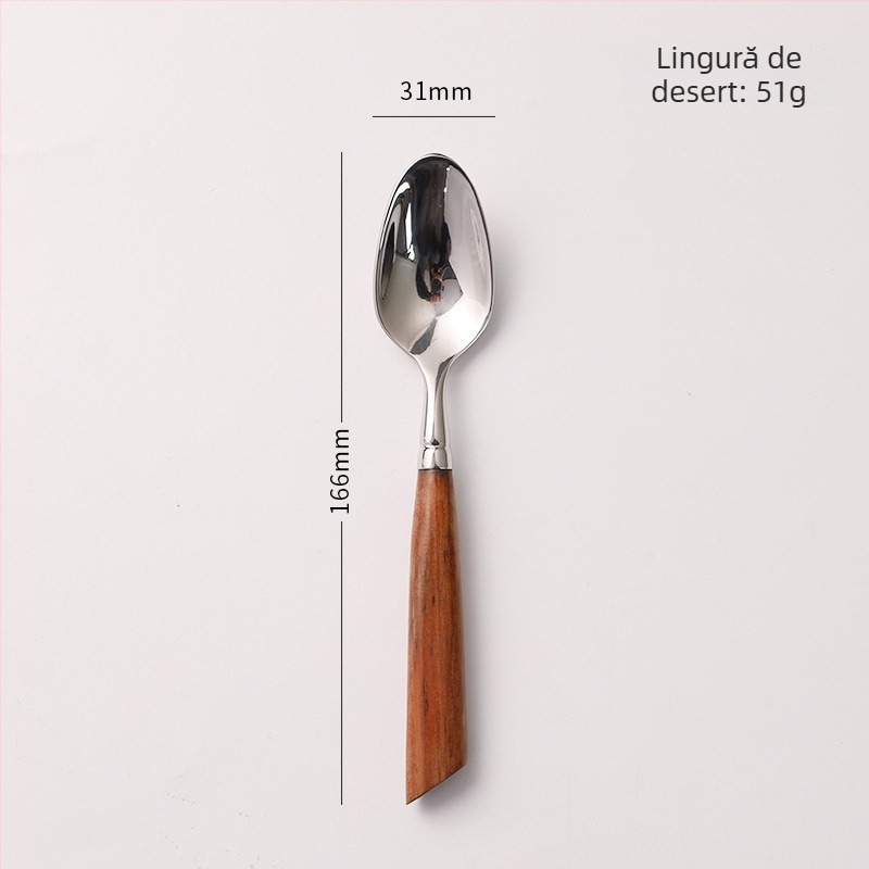 Set de tacâmuri din oțel inoxidabil 304, seria Tang Dynasty – cuțit pentru friptură, furculiță, lingură și linguriță de desert, cu mâner din lemn roșu