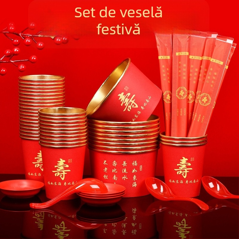 Veselă de unică folosință pentru sărbători, bol de hârtie cu folie de aur, de calitate alimentară; design gros și cu capacitate mare; include o ceașcă din hârtie, bețișoare și lingură.