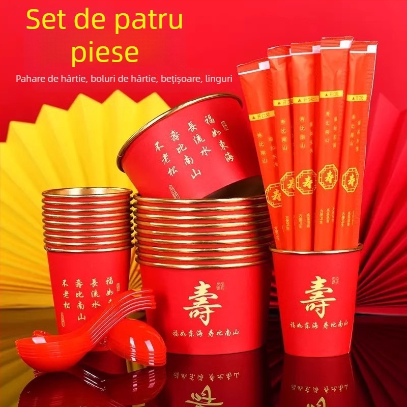 Veselă de unică folosință pentru sărbători, bol de hârtie cu folie de aur, de calitate alimentară; design gros și cu capacitate mare; include o ceașcă din hârtie, bețișoare și lingură.