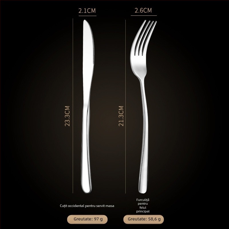 Set tacâmuri din oțel inoxidabil 304 pentru uz casnic și hotelier – cuțit pentru steak, furculiță, lingură, lingură de desert, furculiță pentru fructe; imprimare logo disponibil