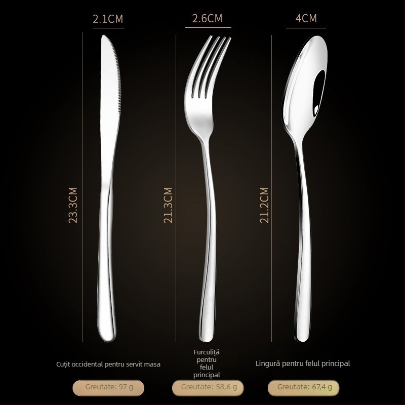 Set tacâmuri din oțel inoxidabil 304 pentru uz casnic și hotelier – cuțit pentru steak, furculiță, lingură, lingură de desert, furculiță pentru fructe; imprimare logo disponibil