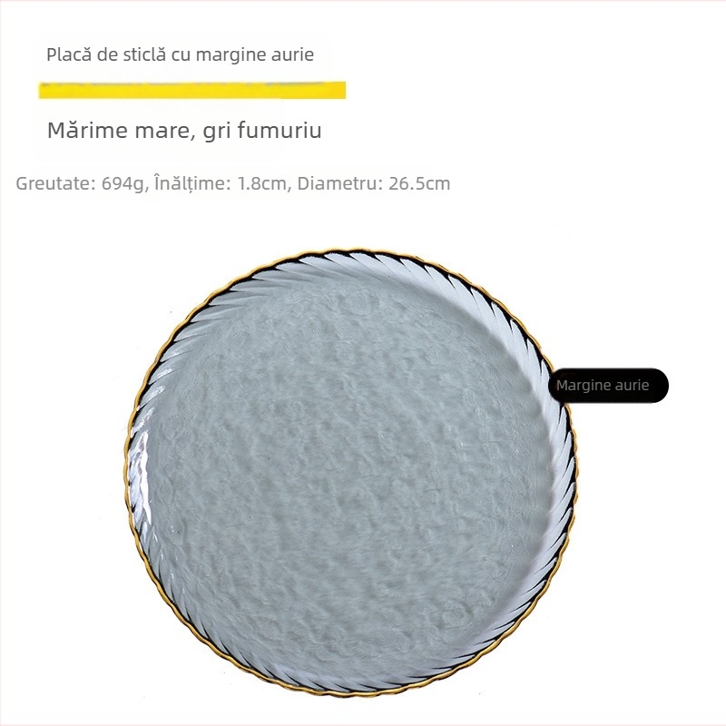 Platou pentru fructe din sticlă, margine aurie, stil nordic, platou creativ pentru fructe, salate și steak, pentru uz casnic