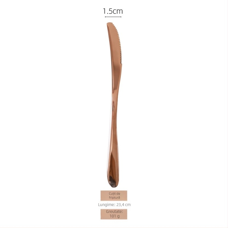 Set de tacâmuri din oțel inoxidabil 304, aur roz, patru piese: cuțit de steak, furculiță, lingură și linguriță, stil franțuzesc