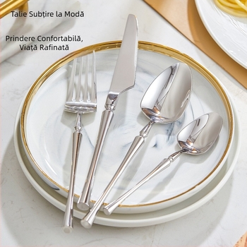 Set de tacâmuri din oțel inoxidabil 304, stil occidental, cu un cuțit pentru steak cu talie subțire, furculiță, lingură de cafea și lingură de desert.