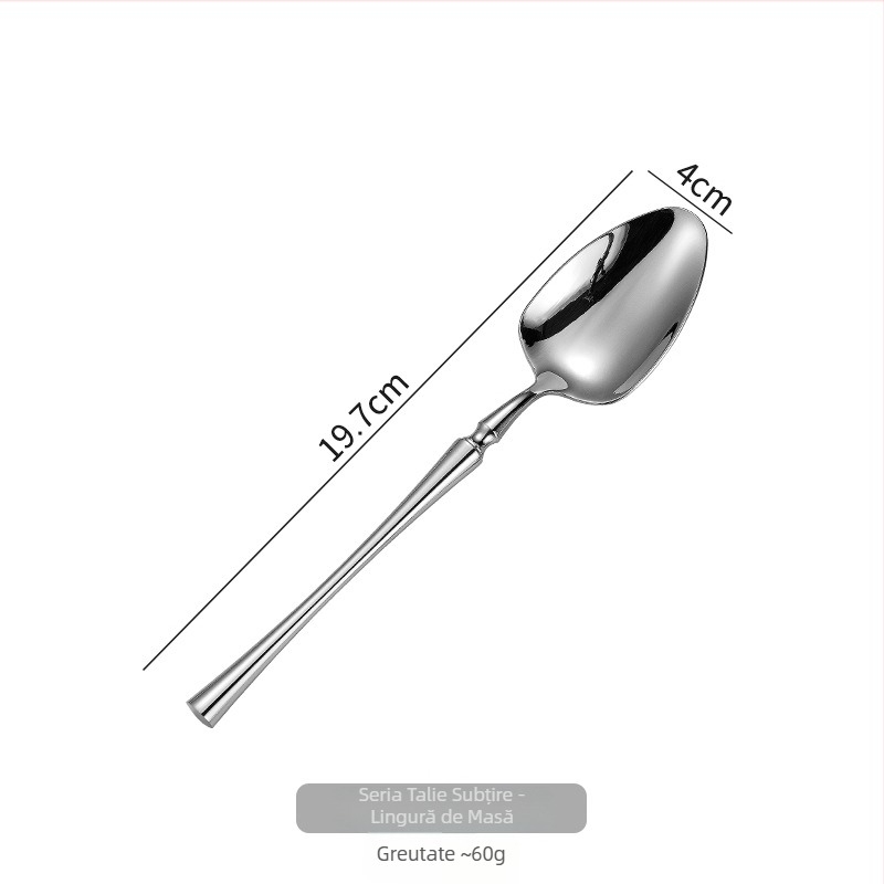 Set de tacâmuri din oțel inoxidabil 304, stil occidental, cu un cuțit pentru steak cu talie subțire, furculiță, lingură de cafea și lingură de desert.