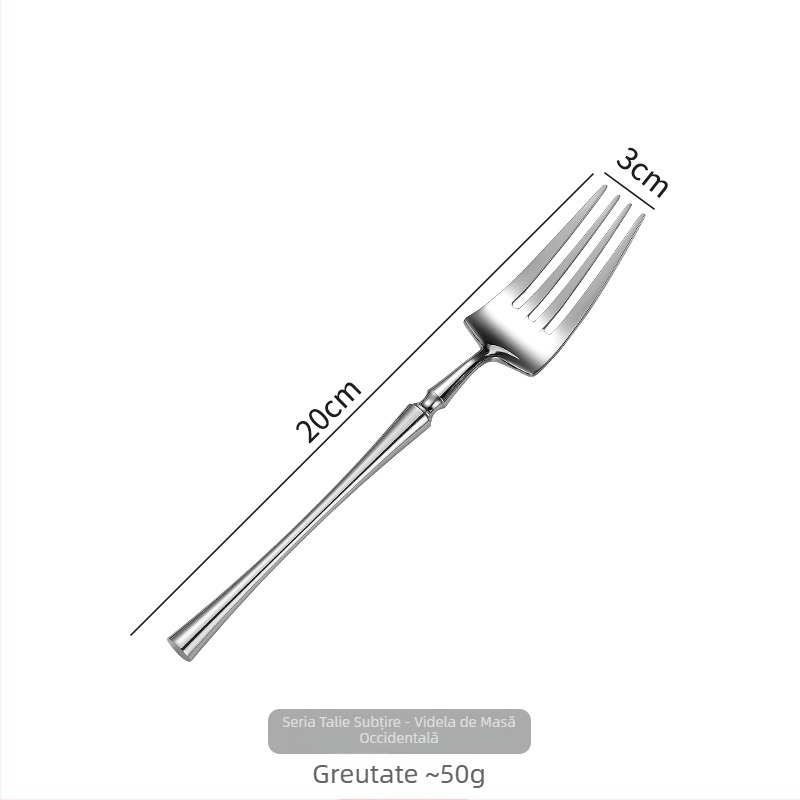 Set de tacâmuri din oțel inoxidabil 304, stil occidental, cu un cuțit pentru steak cu talie subțire, furculiță, lingură de cafea și lingură de desert.