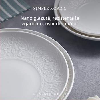 Flag Set de veselă din porțelan, formă circulară profundă, alb, finisaj reliefat sub glazură, farfurii de 8 inci, culoare solidă