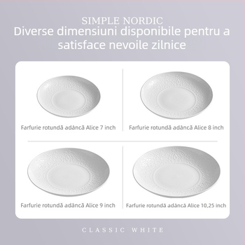 Flag Set de veselă din porțelan, formă circulară profundă, alb, finisaj reliefat sub glazură, farfurii de 8 inci, culoare solidă