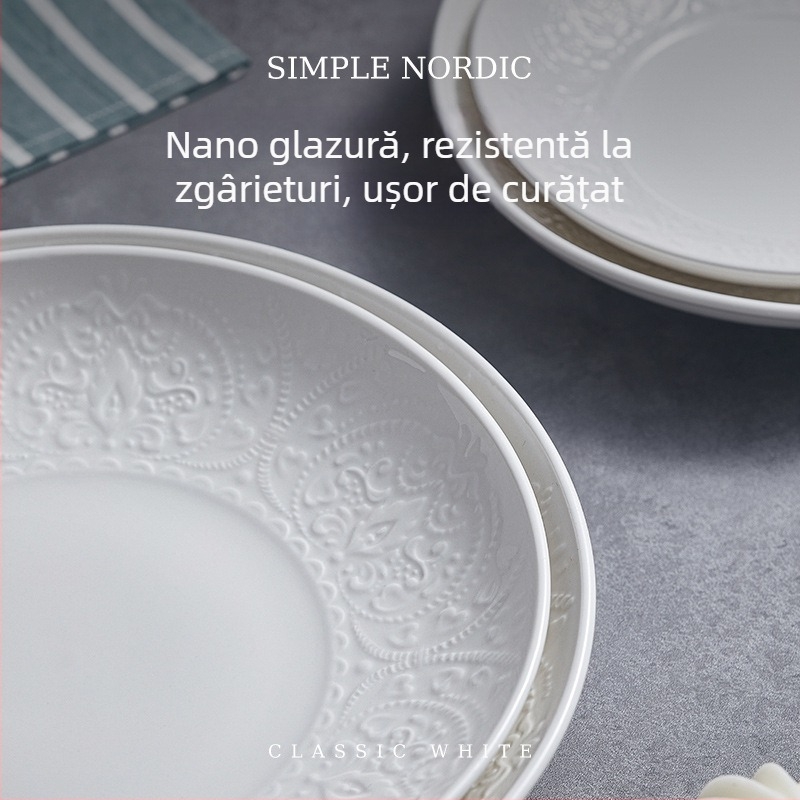 Flag Set de veselă din porțelan, formă circulară profundă, alb, finisaj reliefat sub glazură, farfurii de 8 inci, culoare solidă