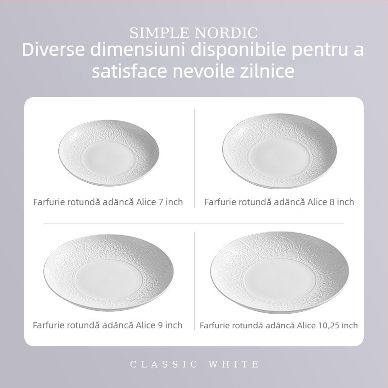 Flag Set de veselă din porțelan, formă circulară profundă, alb, finisaj reliefat sub glazură, farfurii de 8 inci, culoare solidă