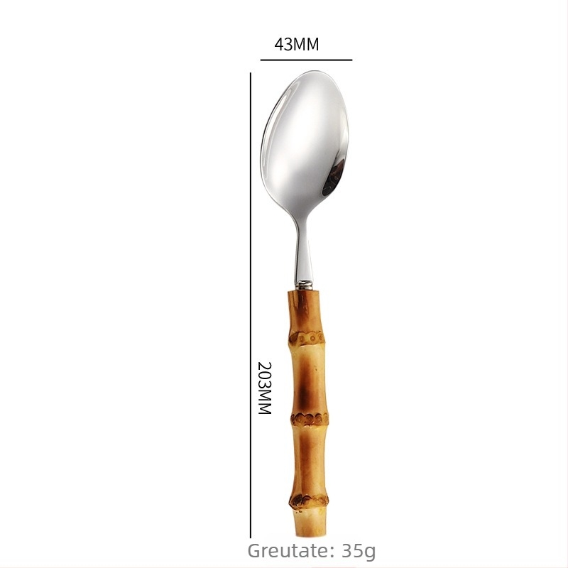 Set de tacâmuri occidentale din oțel inoxidabil 304, lingură și cuțit pentru friptură, mâner din bambus natural