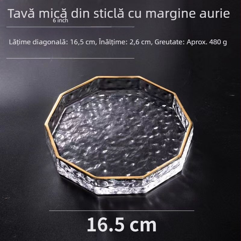 Farfurie și tavă din sticlă cu margine aurită, model ciocănit, platou adânc pentru ceai și servire în stil european
