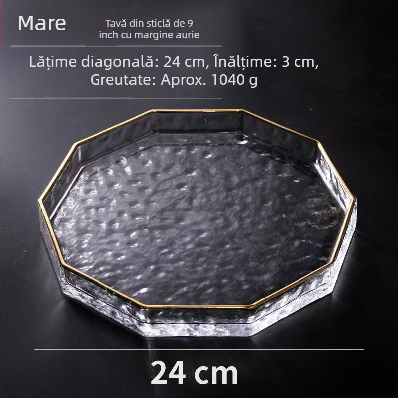 Farfurie și tavă din sticlă cu margine aurită, model ciocănit, platou adânc pentru ceai și servire în stil european