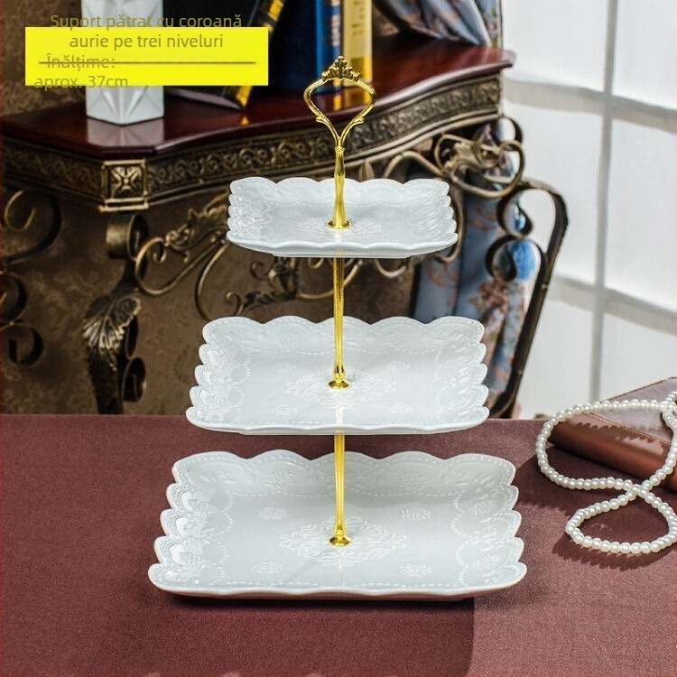 Platou ceramic european cu trei etaje pentru fructe, cu farfurie din sticlă pentru fructe uscate, suport creativ pentru prăjituri, pentru sufragerie, tavă pentru ceaiul de după-amiază