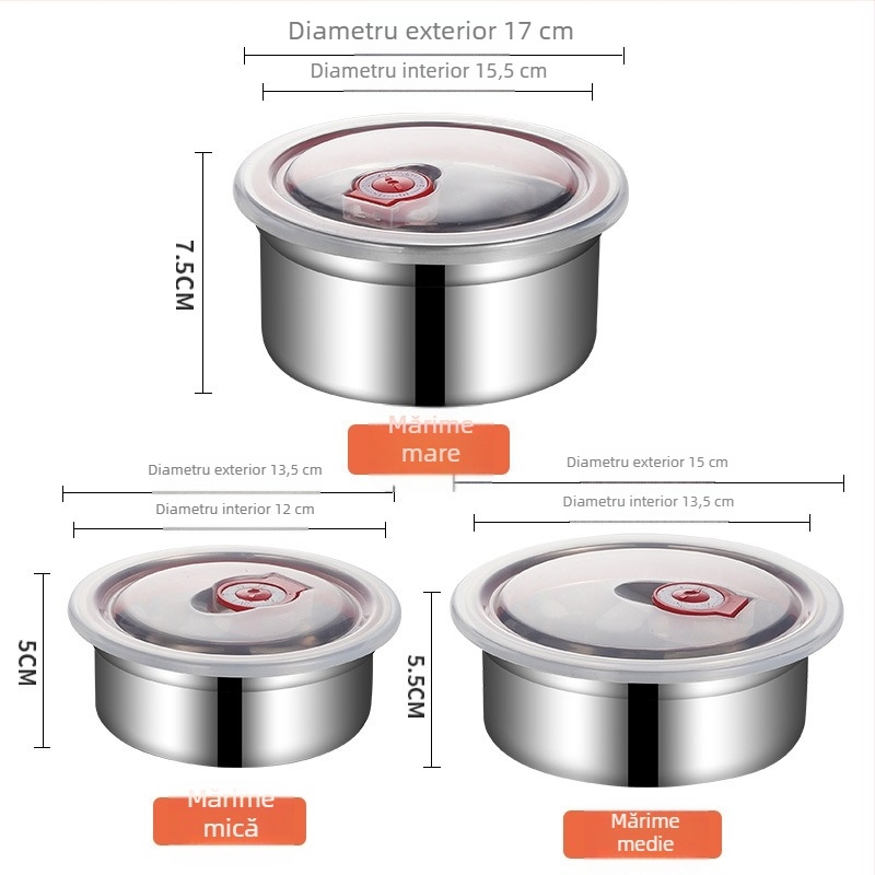 Cutie pentru alimente din oțel inoxidabil 304, capac din silicon etanș, formă rotundă, 800-1000 ml, pentru depozitare în frigider