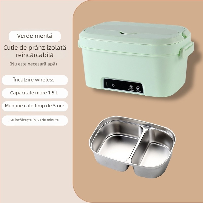 Cutie electrică pentru prânz izolată, reîncărcabilă, încălzire wireless, fără apă, capacitate mare, portabilă