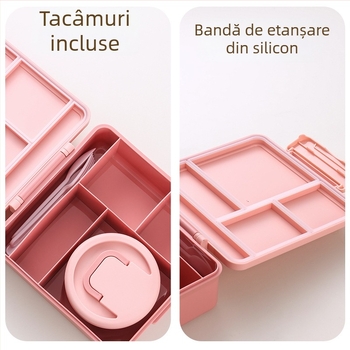 Cutie pentru prânz cu design cartoon pentru elevi, capacitate mare, compatibilă cu microunde, portabilă, două niveluri, cinci compartimente