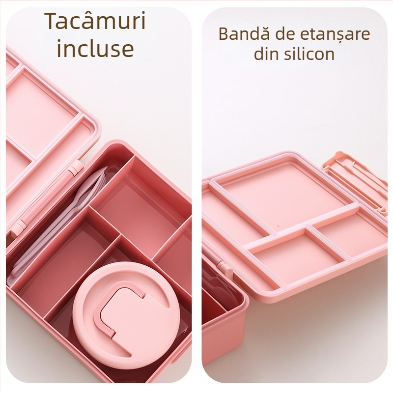 Cutie pentru prânz cu design cartoon pentru elevi, capacitate mare, compatibilă cu microunde, portabilă, două niveluri, cinci compartimente