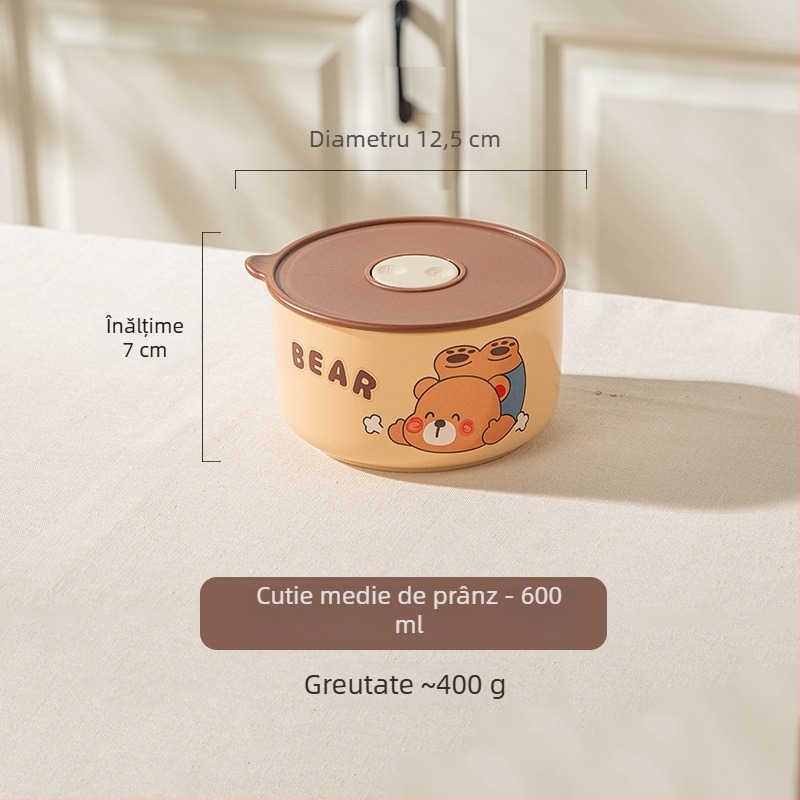 Cutie de prânz ceramică izotermă pentru angajați, compatibilă microunde, cutie rotundă de prânz cu capac, model drăguț cu ursuleț desenat, 800-1000 ml
