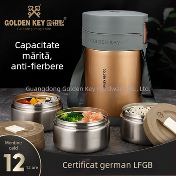 Golden Key cutie de prânz izolată din oțel inoxidabil 304, cu design multistrat, portabilă pentru o singură persoană, ideală pentru studenți