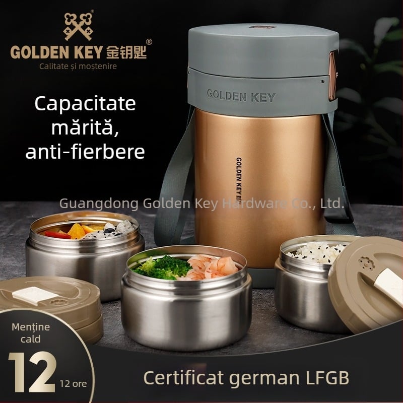 Golden Key cutie de prânz izolată din oțel inoxidabil 304, cu design multistrat, portabilă pentru o singură persoană, ideală pentru studenți