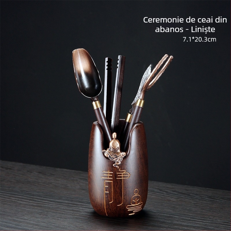 Set de ceremonie a ceaiului din lemn de abanos — șase domni ai ceaiului, ustensile pentru ceai, cuțit pentru ceai și clește pentru ceai
