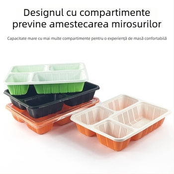 Cutie de prânz de unică folosință, dreptunghiulară, cu patru compartimente, din plastic, cu capac, compatibilă cu microunde