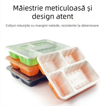Cutie de prânz de unică folosință, dreptunghiulară, cu patru compartimente, din plastic, cu capac, compatibilă cu microunde