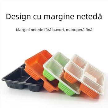 Cutie de prânz de unică folosință, dreptunghiulară, cu patru compartimente, din plastic, cu capac, compatibilă cu microunde