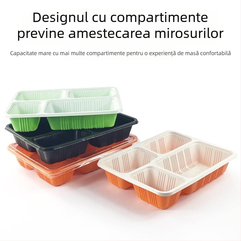Cutie de prânz de unică folosință, dreptunghiulară, cu patru compartimente, din plastic, cu capac, compatibilă cu microunde