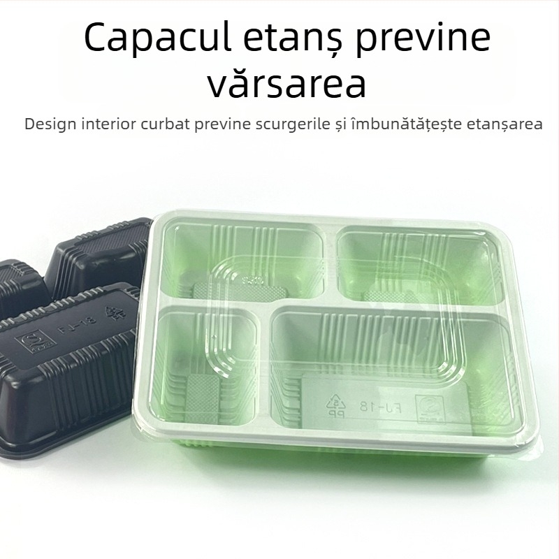 Cutie de prânz de unică folosință, dreptunghiulară, cu patru compartimente, din plastic, cu capac, compatibilă cu microunde