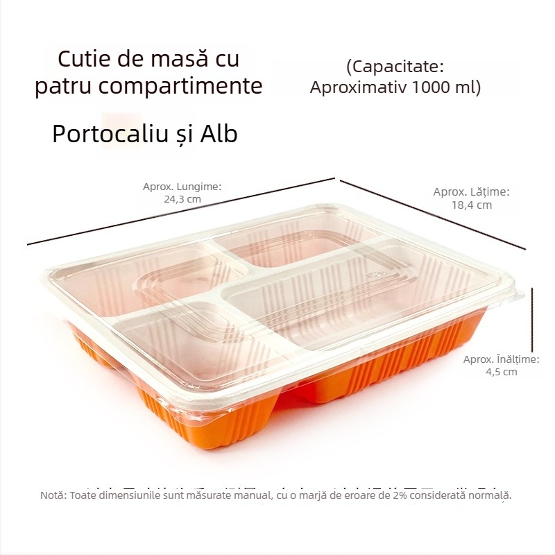 Cutie de prânz de unică folosință, dreptunghiulară, cu patru compartimente, din plastic, cu capac, compatibilă cu microunde