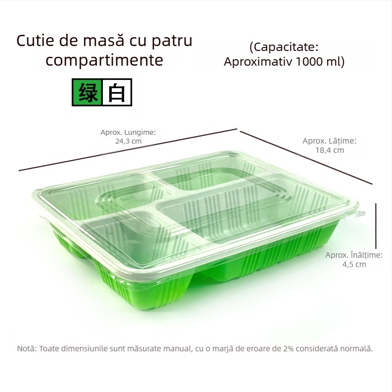 Cutie de prânz de unică folosință, dreptunghiulară, cu patru compartimente, din plastic, cu capac, compatibilă cu microunde